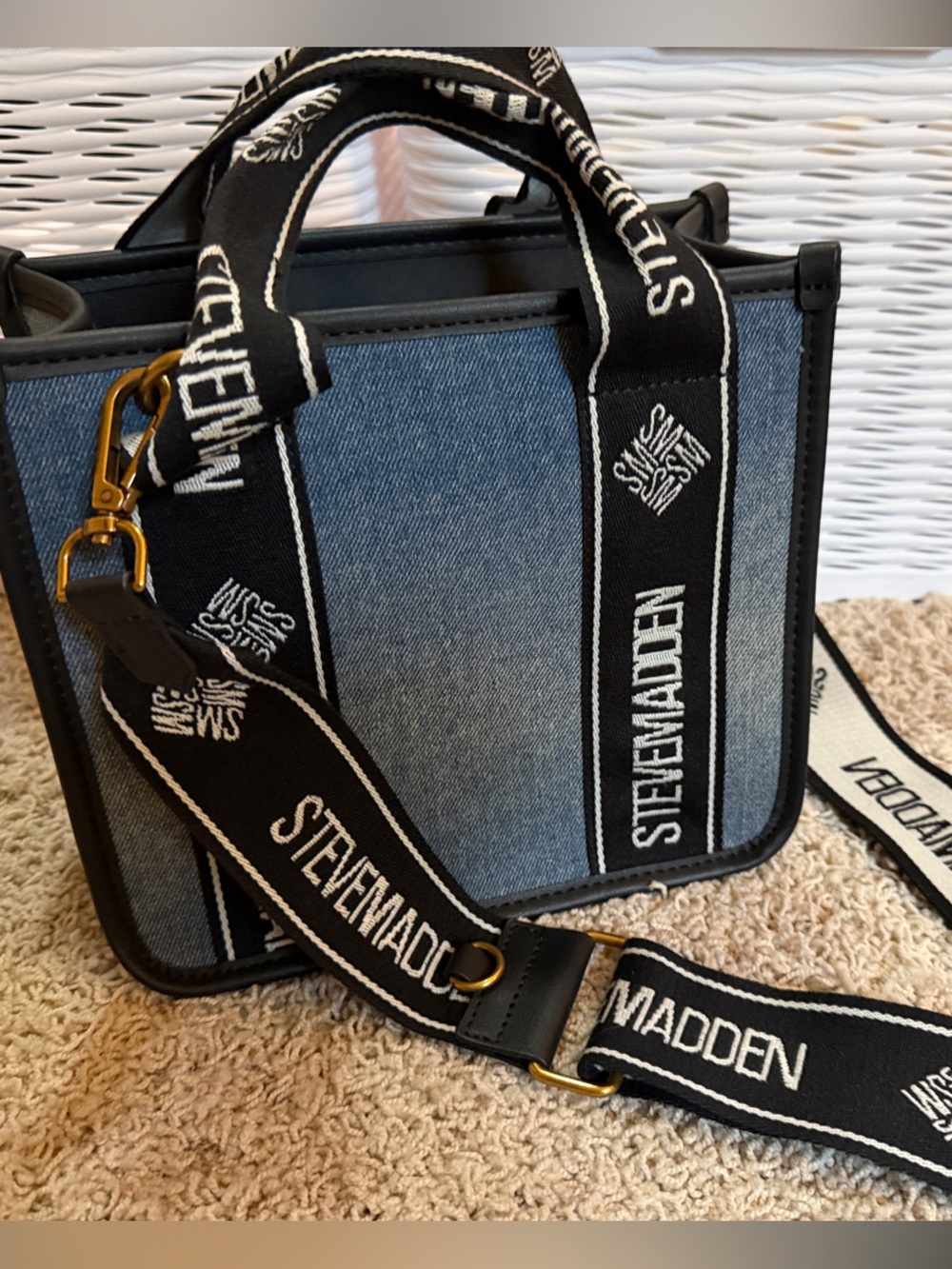 Steve Madden Denim Messenger Bag with Black Logo Strap